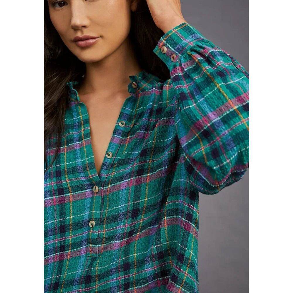 Anthropologie Pilcro Cropped Puff-Sleeve Soft Crinkle Green Plaid Blouse Small - Picture 2 of 13